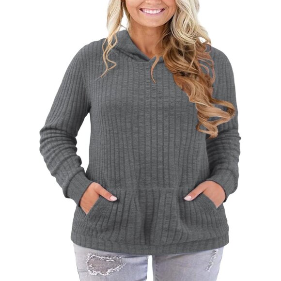 Plus Size Hoodie Women Casual Ribbed Knit Long Sleeve Pullover Sweatshirt - Picture 2 of 5